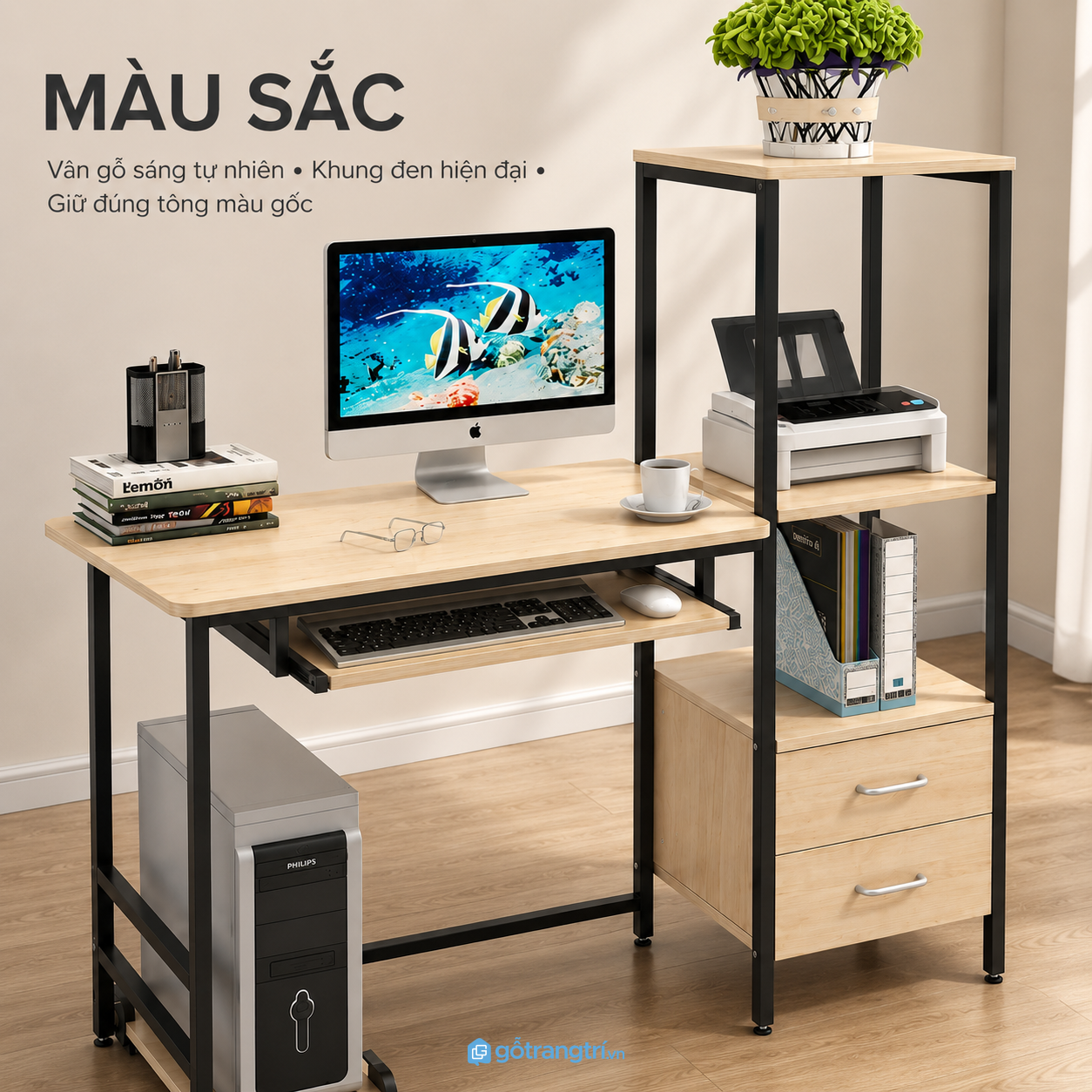 Chi tiết thiết kế Bàn làm việc khung sắt kèm kệ đa năng hiện đại GHS-4041