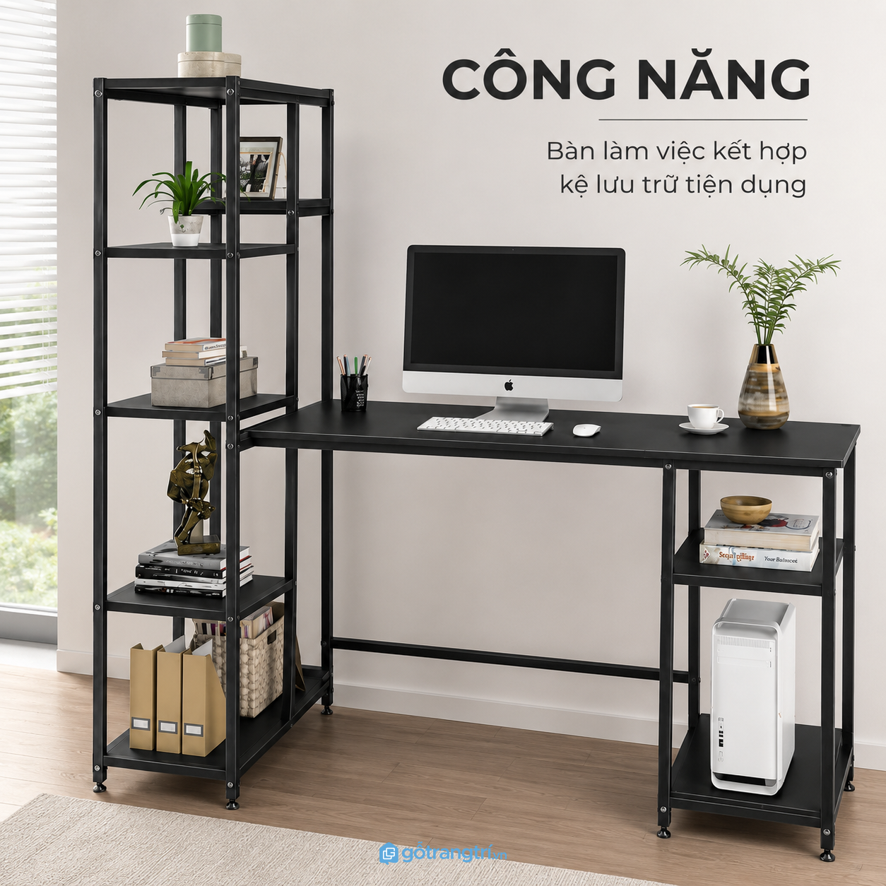 Chi tiết thiết kế Bàn làm việc khung sắt liền kệ sách hiện đại GHS-4042