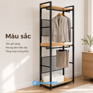 Chi tiết thiết kế Giá treo quần áo khung sắt 2 tầng có kệ gỗ hiện đại GHS-1009