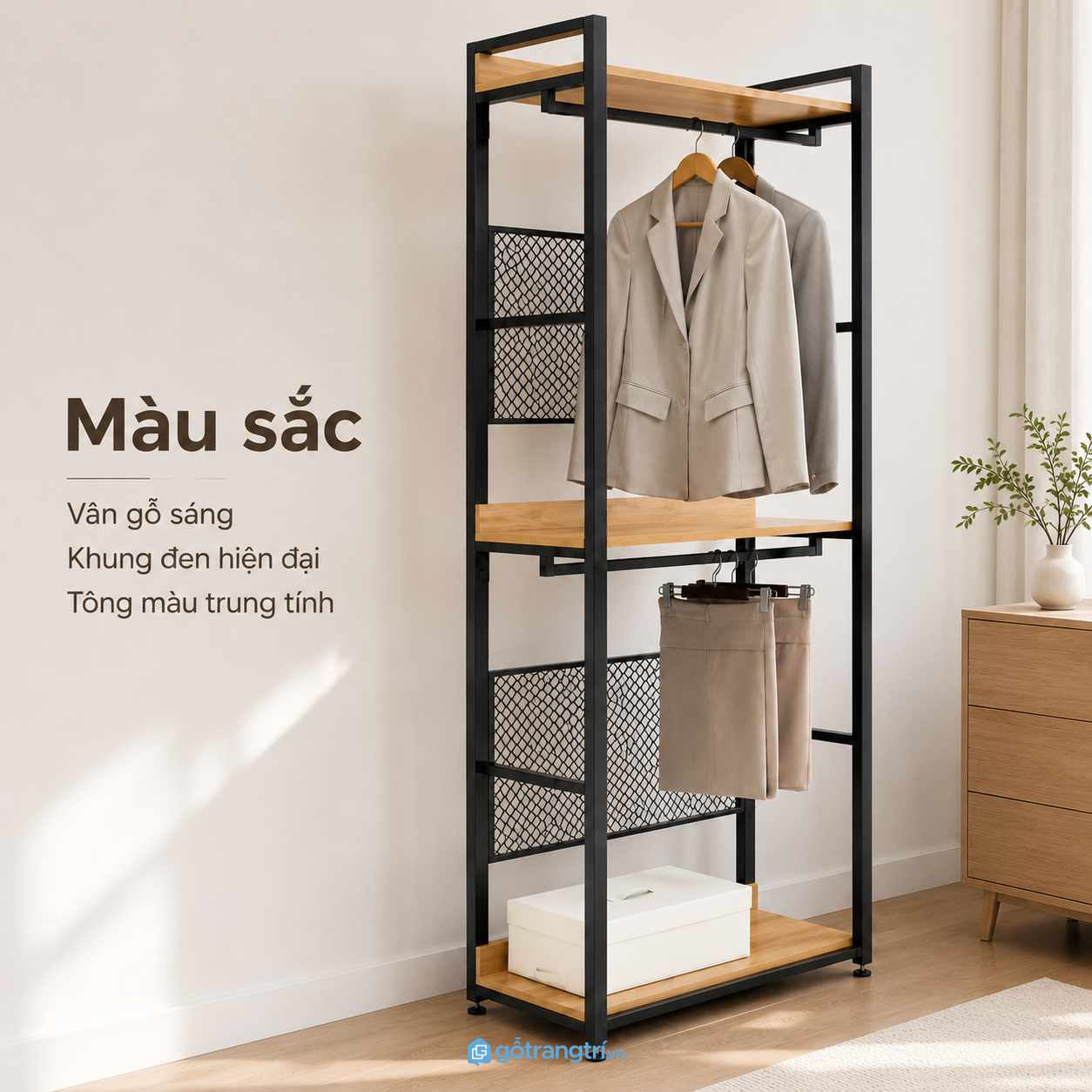 Chi tiết thiết kế Giá treo quần áo khung sắt 2 tầng có kệ gỗ hiện đại GHS-1009