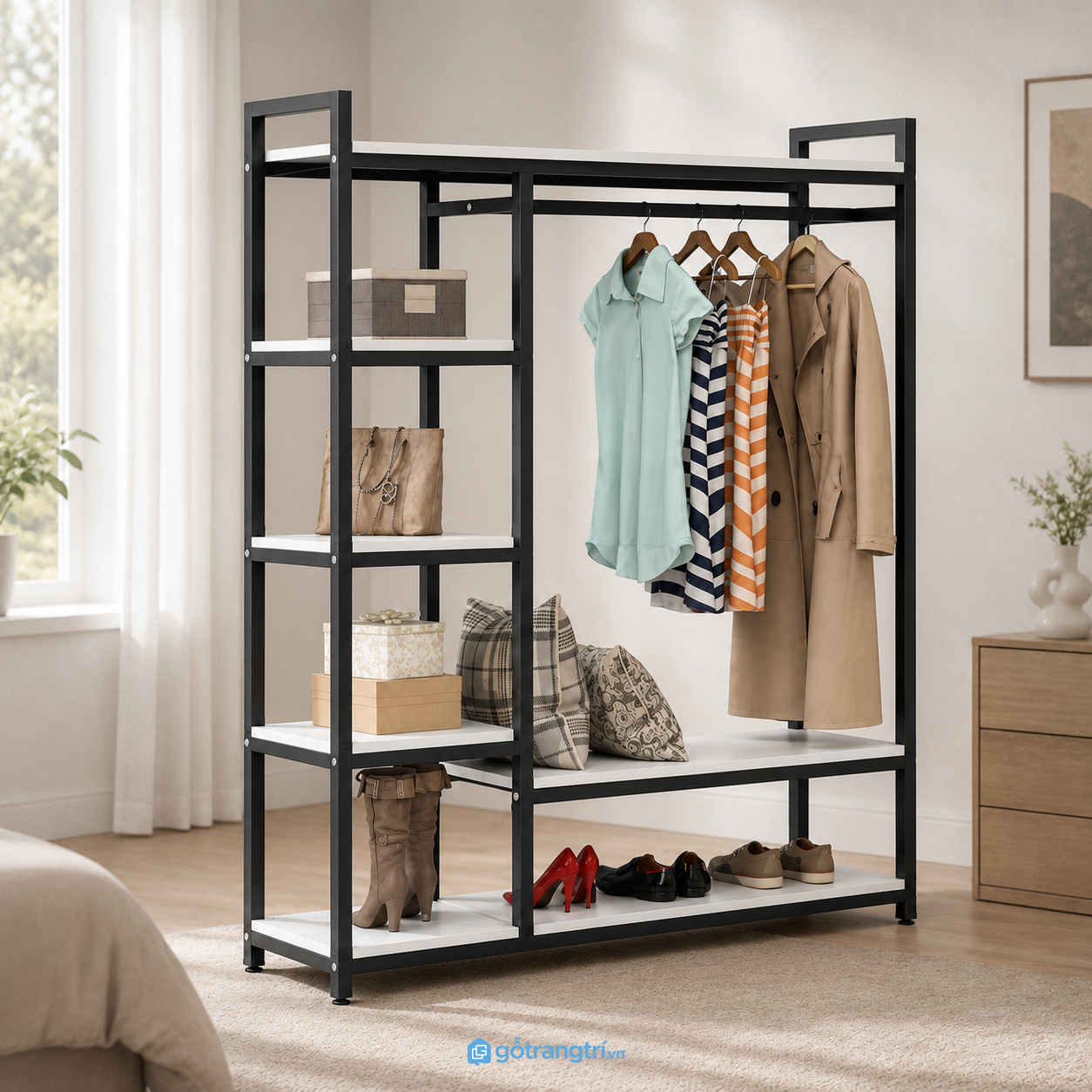 Chi tiết thiết kế Giá treo quần áo khung sắt có kệ để giày 1m2 GHS-1006