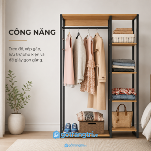 Chi tiết thiết kế Giá treo quần áo khung sắt kết hợp kệ gỗ hiện đại GHS-1008