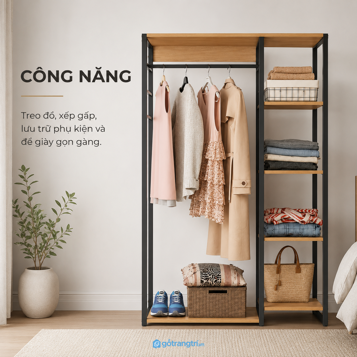 Chi tiết thiết kế Giá treo quần áo khung sắt kết hợp kệ gỗ hiện đại GHS-1008