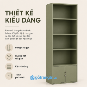 Chi tiết thiết kế Kệ sách đứng 4 tầng có tủ cánh mở màu xám hiện đại GHS-2002