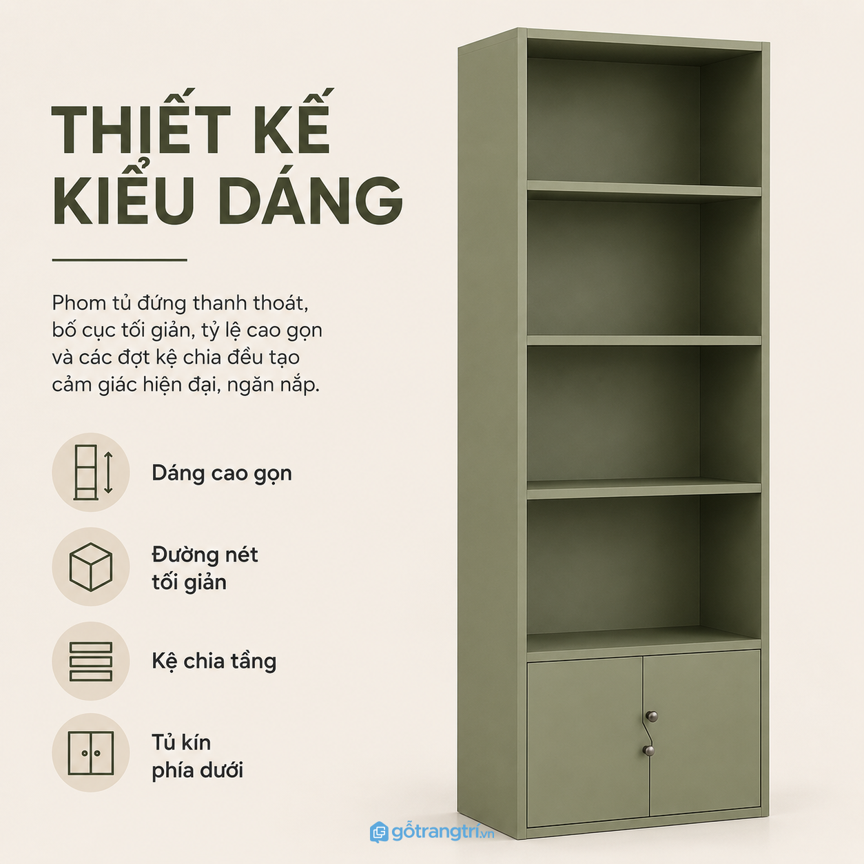 Chi tiết thiết kế Kệ sách đứng 4 tầng có tủ cánh mở màu xám hiện đại GHS-2002
