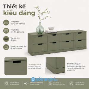 Chi tiết thiết kế Kệ tivi thấp 8 ngăn kéo màu xanh rêu hiện đại GHS-3003