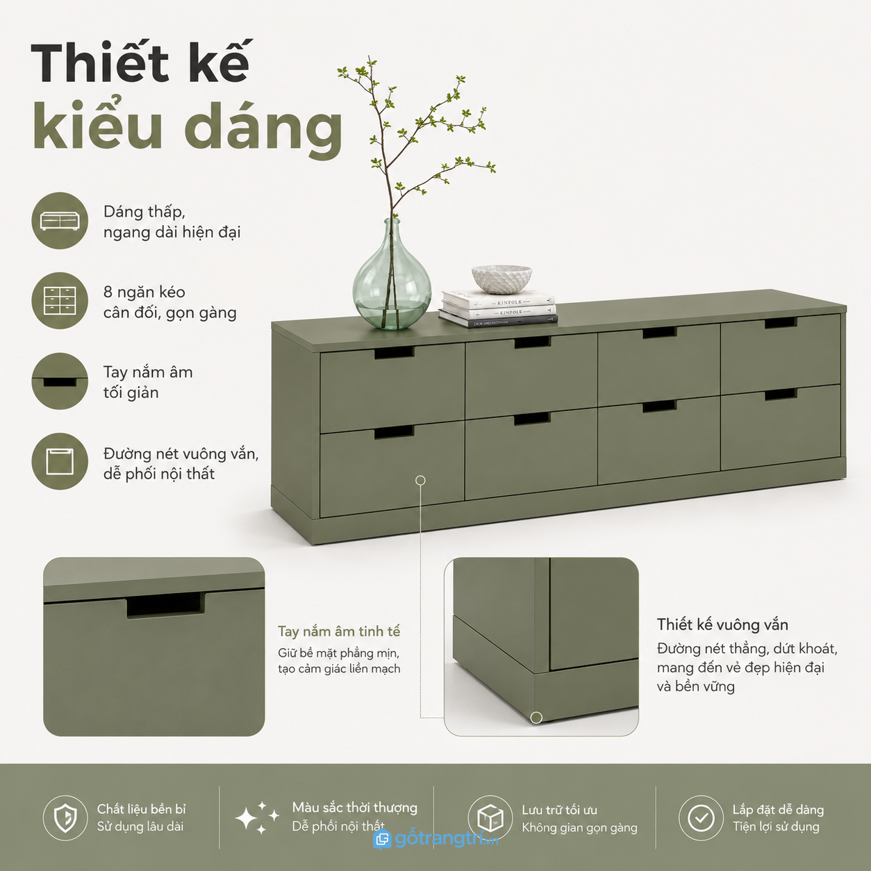 Chi tiết thiết kế Kệ tivi thấp 8 ngăn kéo màu xanh rêu hiện đại GHS-3003