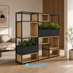 Chi tiết thiết kế Kệ trang trí khung sắt gỗ có hộc lưu trữ hiện đại GHS-1002