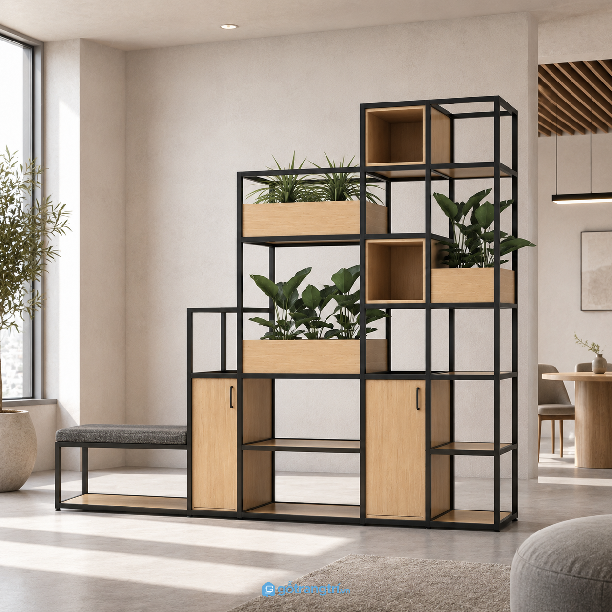 Chi tiết thiết kế Kệ trang trí khung sắt gỗ kết hợp ghế ngồi hiện đại GHS-2014 Chi tiết thiết kế Kệ trang trí khung sắt gỗ kết hợp ghế ngồi hiện đại GHS-2014
