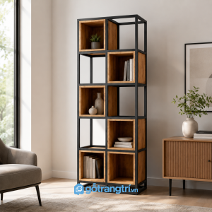 Chi tiết thiết kế Kệ trang trí khung sắt gỗ nhiều tầng phong cách industrial 200x35x80 GHS-2011