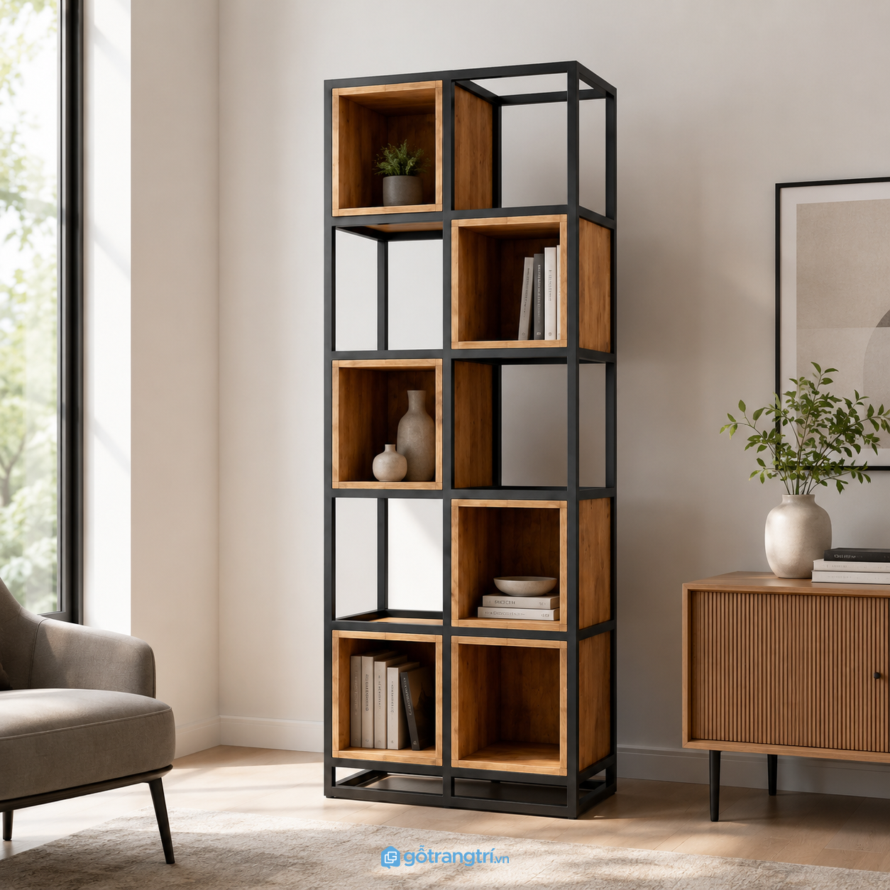 Chi tiết thiết kế Kệ trang trí khung sắt gỗ nhiều tầng phong cách industrial 200x35x80 GHS-2011 Chi tiết thiết kế Kệ trang trí khung sắt gỗ nhiều tầng phong cách industrial 200x35x80 GHS-2011