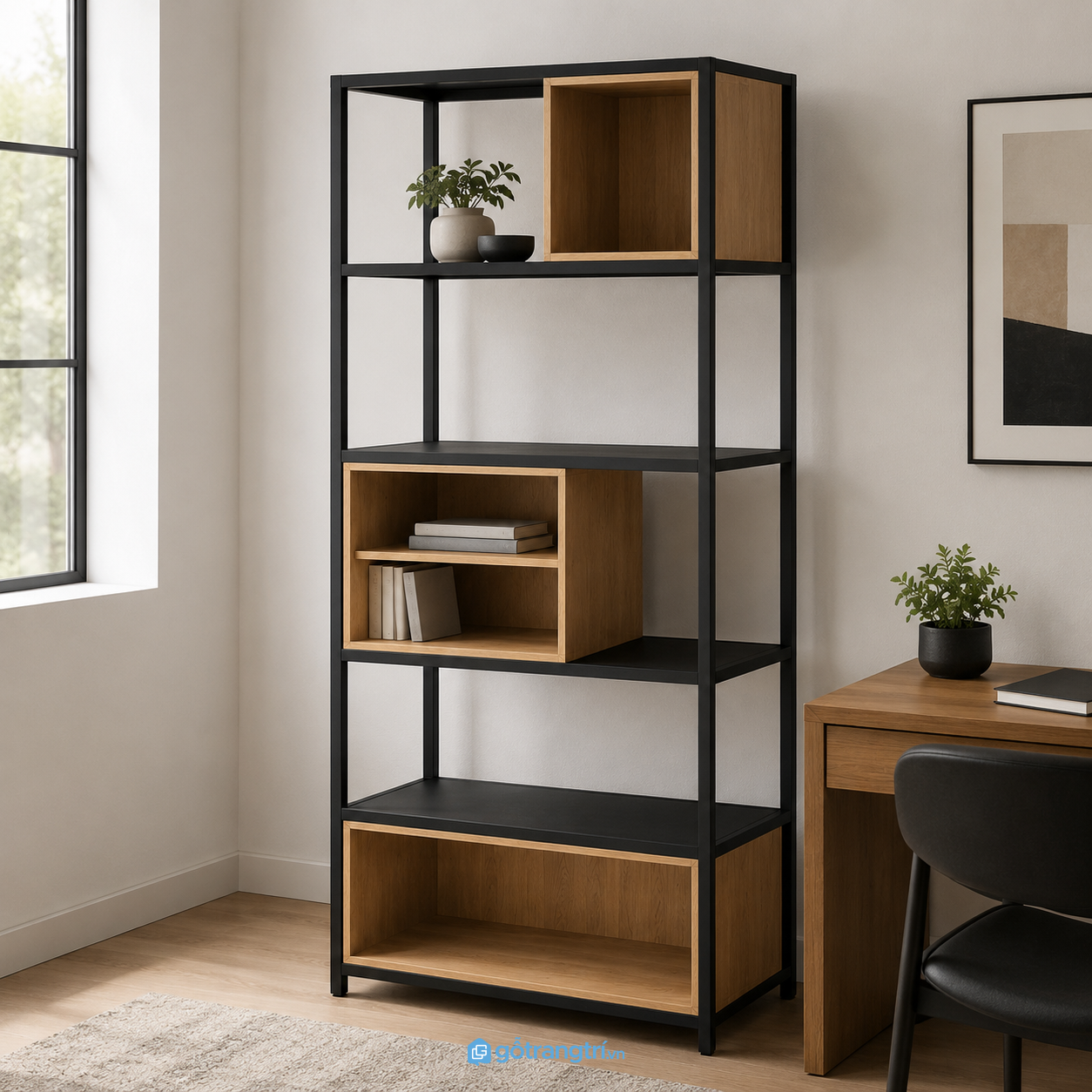 Chi tiết thiết kế Kệ trang trí khung sắt mặt gỗ 4 tầng phong cách công nghiệp GHS-1020
