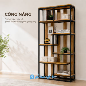 Chi tiết thiết kế Kệ trang trí khung sắt mặt gỗ hiện đại nhiều tầng GHS-1015