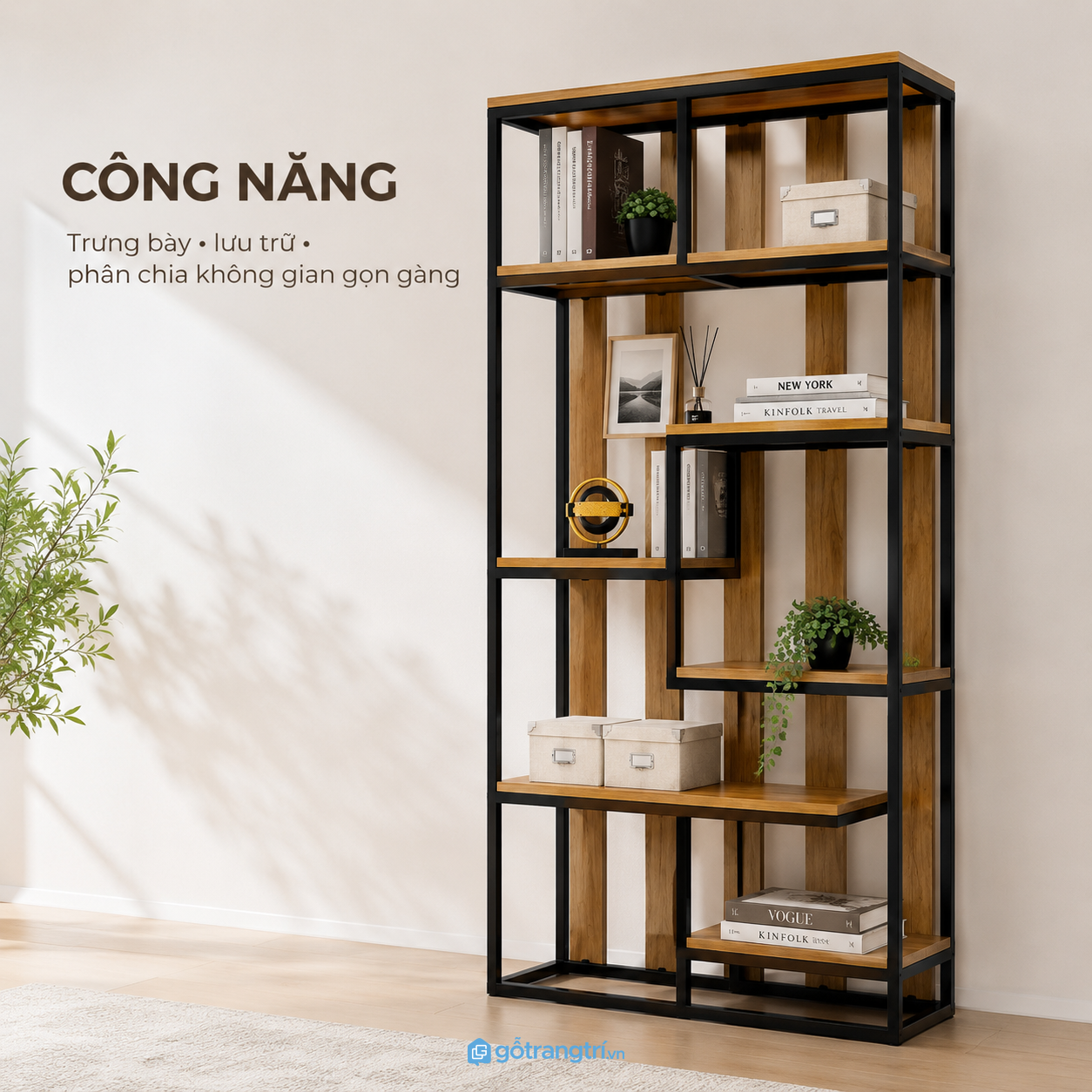 Chi tiết thiết kế Kệ trang trí khung sắt mặt gỗ hiện đại nhiều tầng GHS-1015