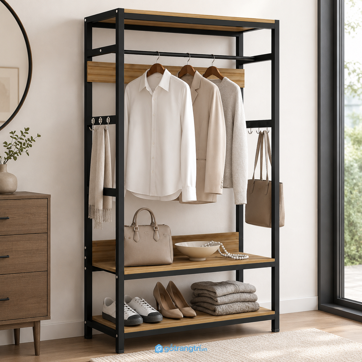 Chi tiết thiết kế Kệ treo quần áo khung sắt có ghế ngồi hiện đại GHS-1000