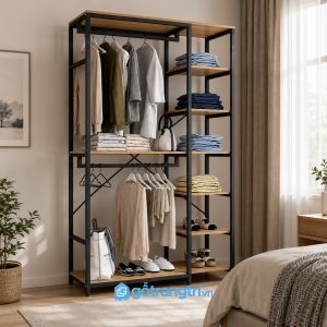 Chi tiết thiết kế Kệ treo quần áo khung sắt có kệ lưu trữ hiện đại GHS-1003