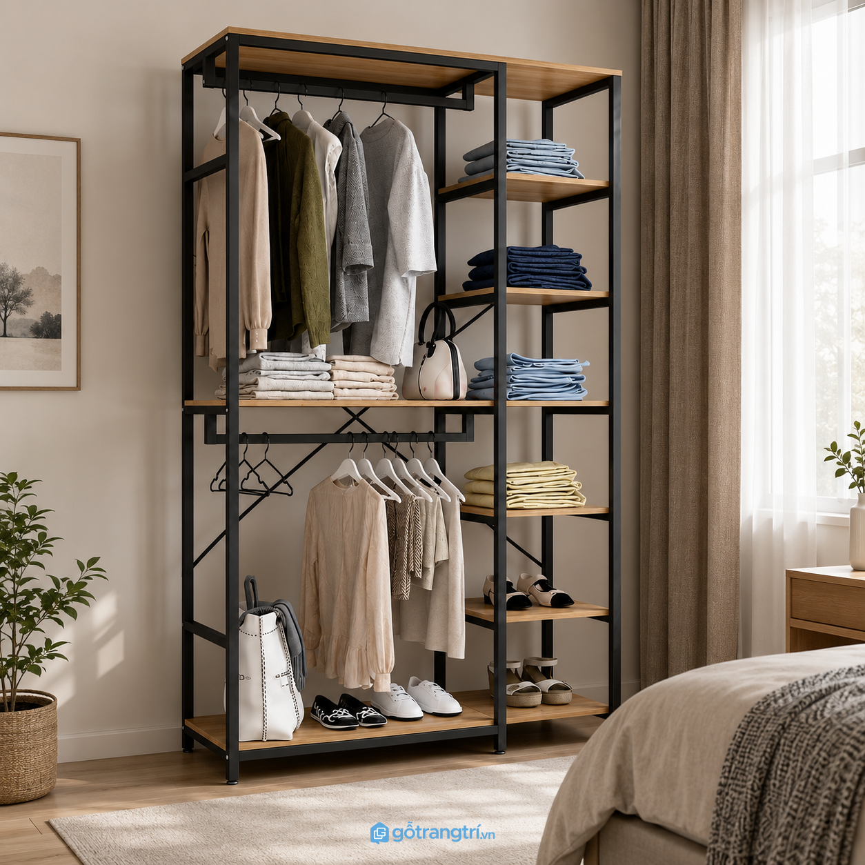 Chi tiết thiết kế Kệ treo quần áo khung sắt có kệ lưu trữ hiện đại GHS-1003