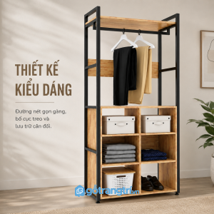 Chi tiết thiết kế Kệ treo quần áo khung sắt kết hợp kệ lưu trữ hiện đại GHS-1011