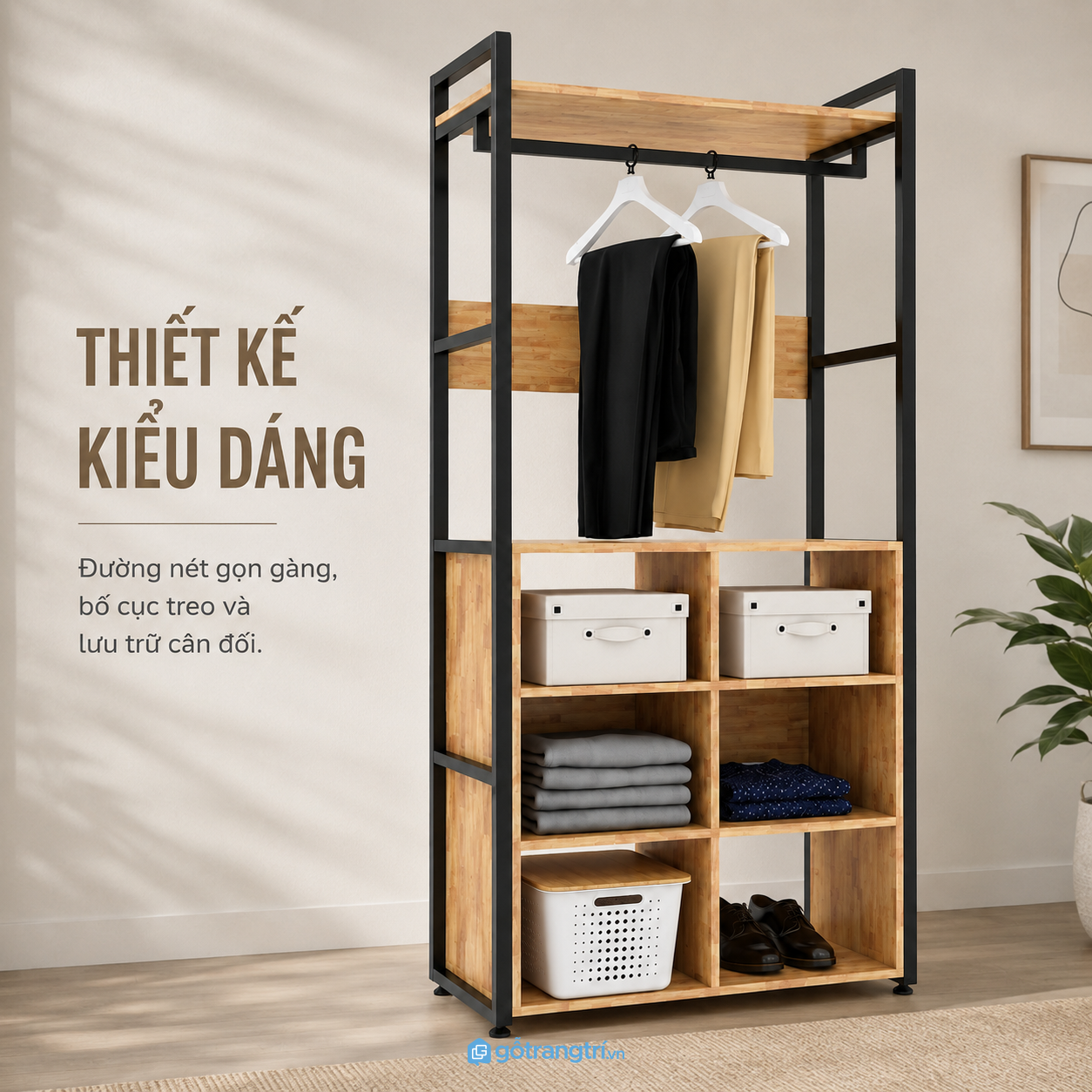 Chi tiết thiết kế Kệ treo quần áo khung sắt kết hợp kệ lưu trữ hiện đại GHS-1011