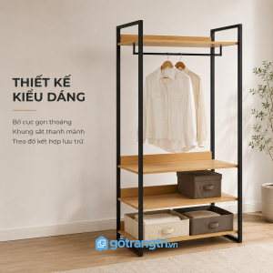 Chi tiết thiết kế Kệ treo quần áo khung sắt mặt gỗ 4 tầng hiện đại GHS-1010