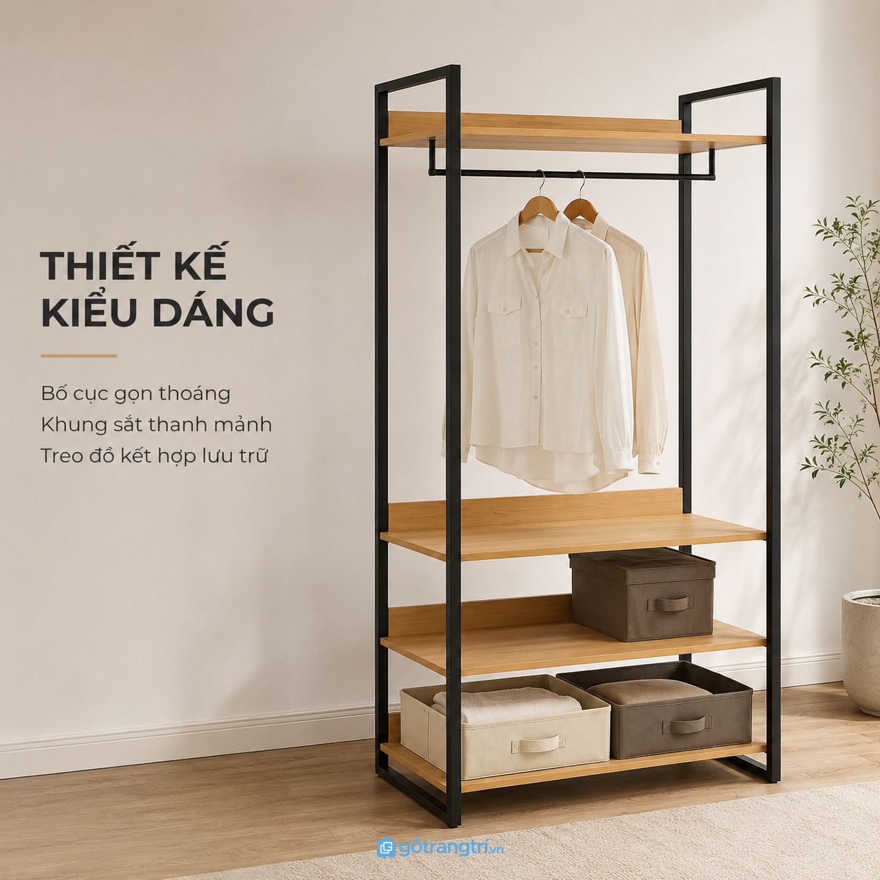 Chi tiết thiết kế Kệ treo quần áo khung sắt mặt gỗ 4 tầng hiện đại GHS-1010