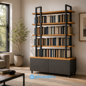 Chi tiết thiết kế Kệ trưng bày khung sắt gỗ có tủ lưu trữ hiện đại 7400000 GHS-2017