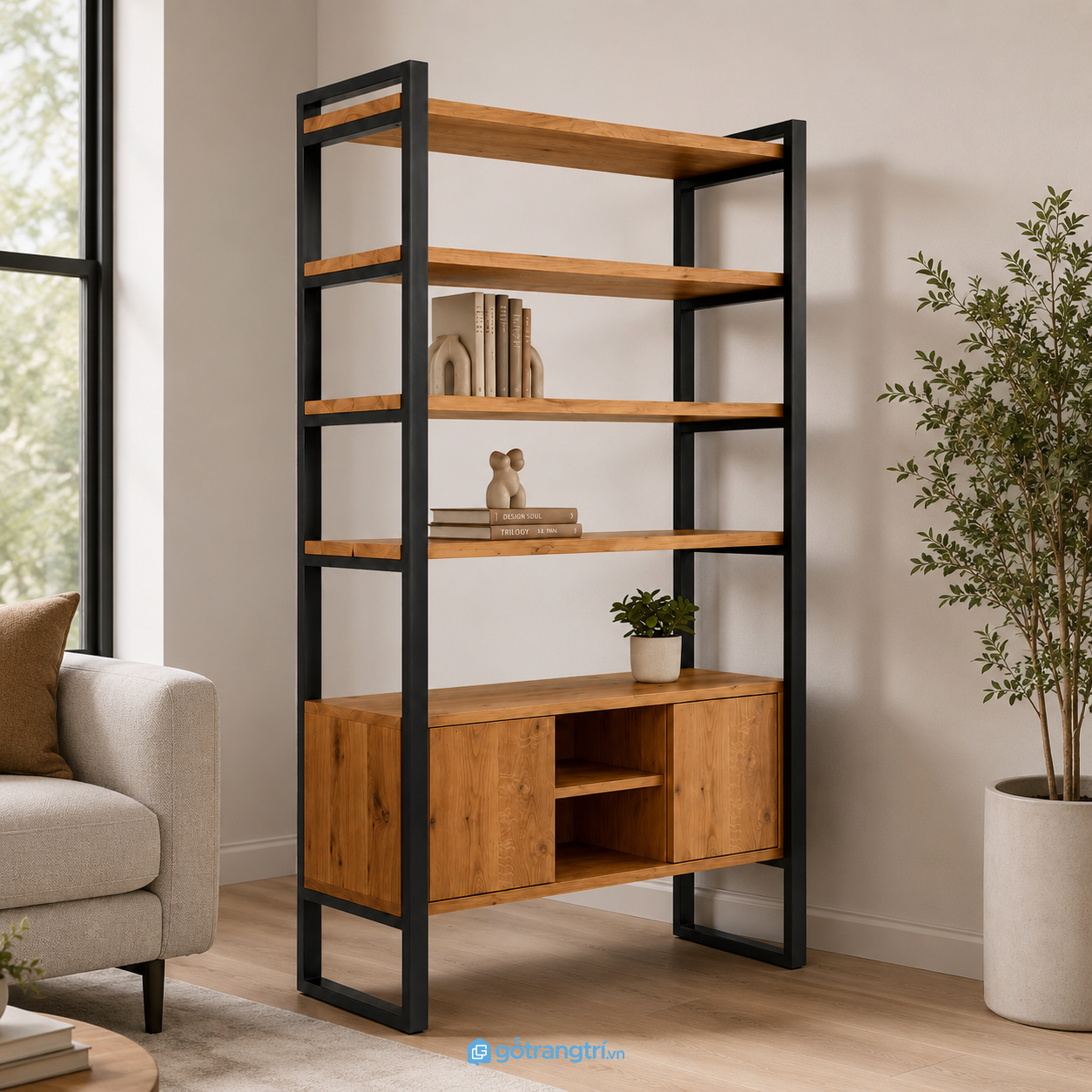 Chi tiết thiết kế Kệ trưng bày khung sắt gỗ nhiều tầng hiện đại GHS-1001
