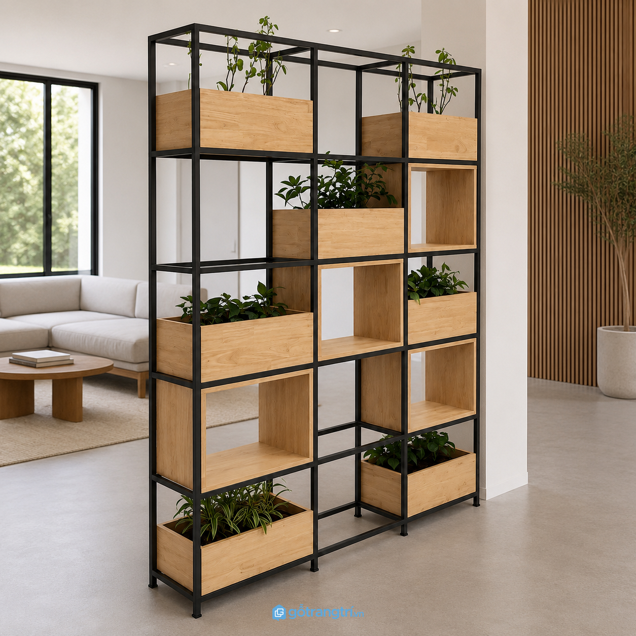 Chi tiết thiết kế Kệ vách ngăn cây xanh khung sắt gỗ hiện đại GHS-2010 Chi tiết thiết kế Kệ vách ngăn cây xanh khung sắt gỗ hiện đại GHS-2010