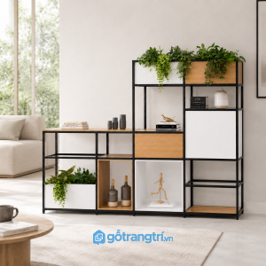 Chi tiết thiết kế Kệ vách ngăn khung sắt 2m kết hợp bồn cây có nhiều ô trưng bày, thiết kế mở cao 1m8, phù hợp phòng khách, văn phòng và cửa hàng. GHS-1019