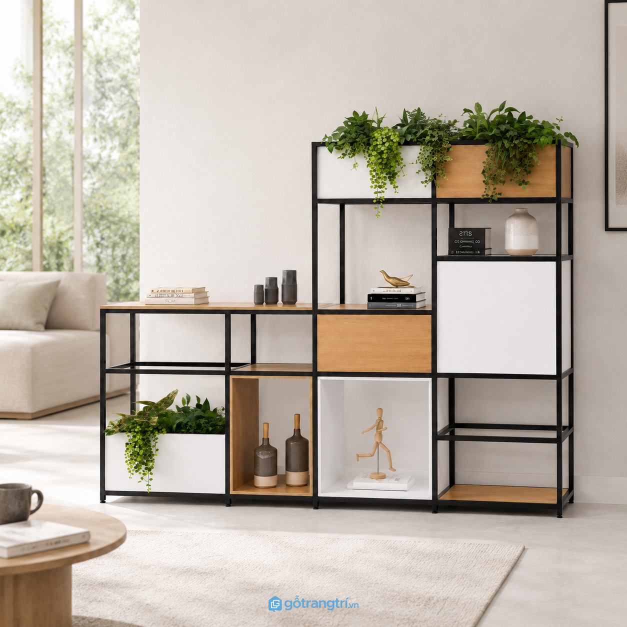 Chi tiết thiết kế Kệ vách ngăn khung sắt 2m kết hợp bồn cây có nhiều ô trưng bày, thiết kế mở cao 1m8, phù hợp phòng khách, văn phòng và