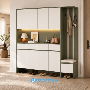 Chi tiết thiết kế Tủ giày kịch trần xanh olive có ghế ngồi GHS-5075