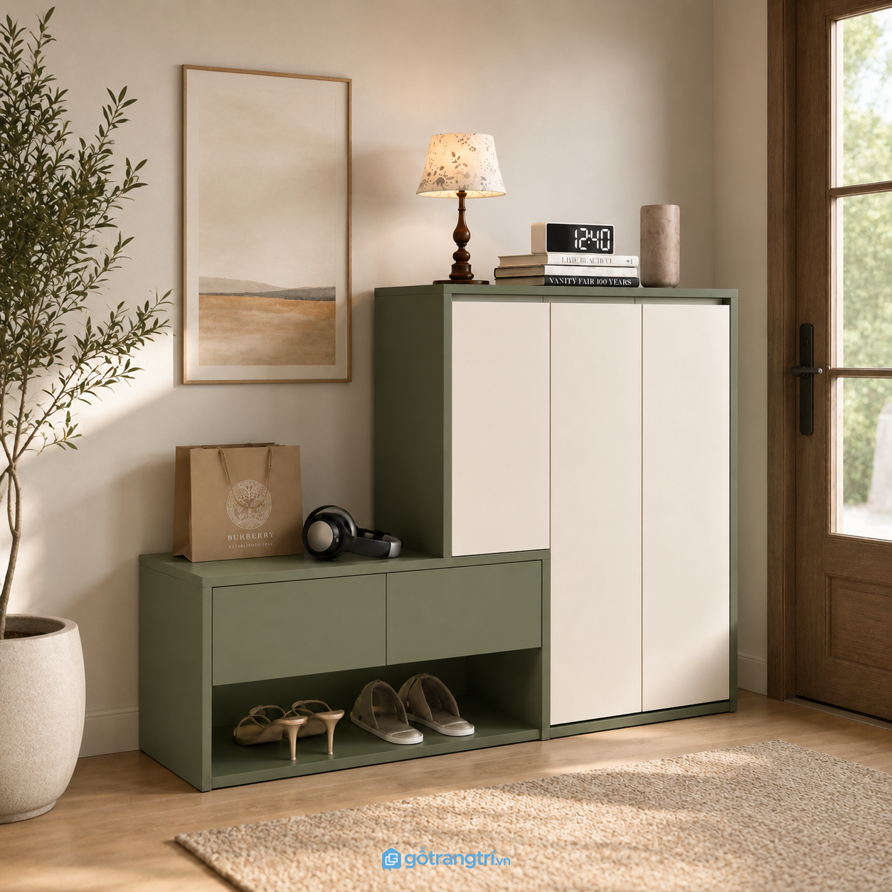 Chi tiết thiết kế Tủ giày màu xanh olive kết hợp ghế ngồi GHS-5072