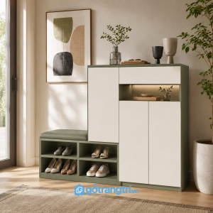 Chi tiết thiết kế Tủ giày xanh olive có ghế ngồi GHS-5073
