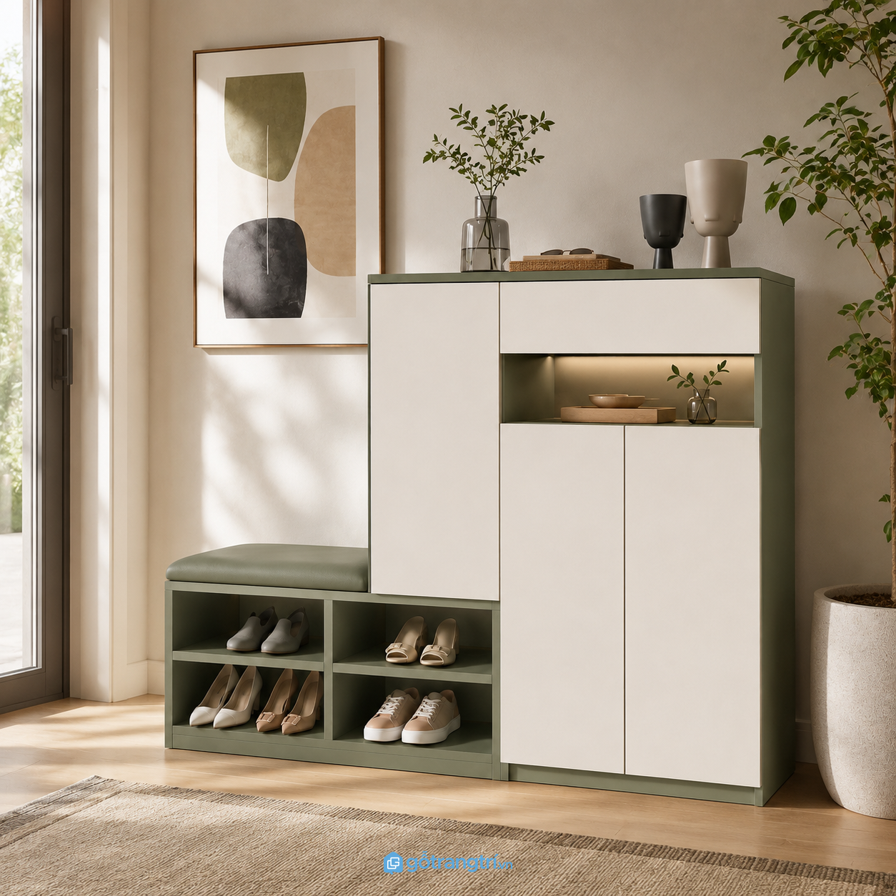 Chi tiết thiết kế Tủ giày xanh olive có ghế ngồi GHS-5073 Chi tiết thiết kế Tủ giày xanh olive có ghế ngồi GHS-5073