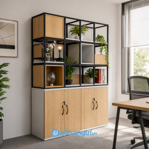 Chi tiết thiết kế Tủ hồ sơ kết hợp kệ trang trí hiện đại GHS-2019