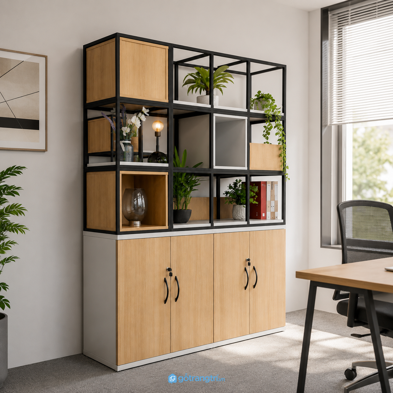 Chi tiết thiết kế Tủ hồ sơ kết hợp kệ trang trí hiện đại GHS-2019 Chi tiết thiết kế Tủ hồ sơ kết hợp kệ trang trí hiện đại GHS-2019