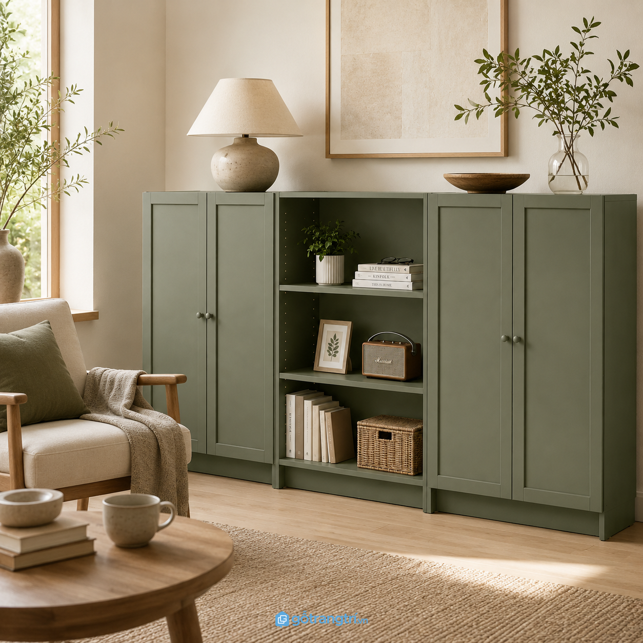 Chi tiết thiết kế Tủ lưu trữ thấp kết hợp kệ mở màu xanh rêu hiện đại GHS-5067