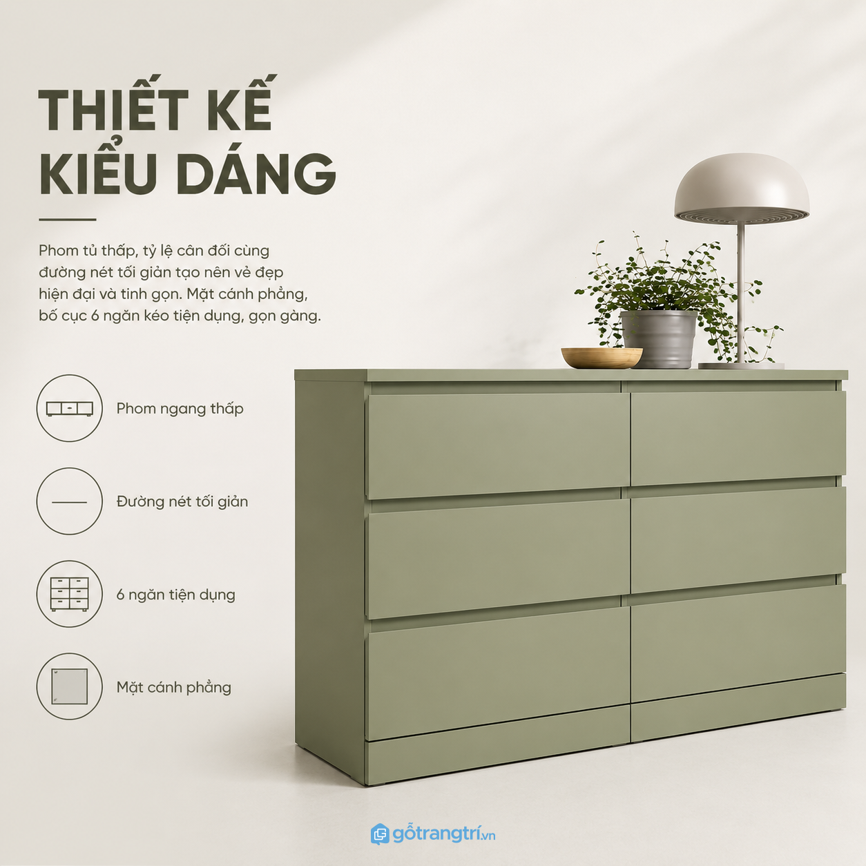 Chi tiết thiết kế Tủ ngăn kéo 6 hộc hiện đại màu xanh olive GHS-5068