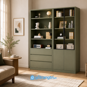 Chi tiết thiết kế Tủ sách xanh olive cửa kính hiện đại GHS-2007