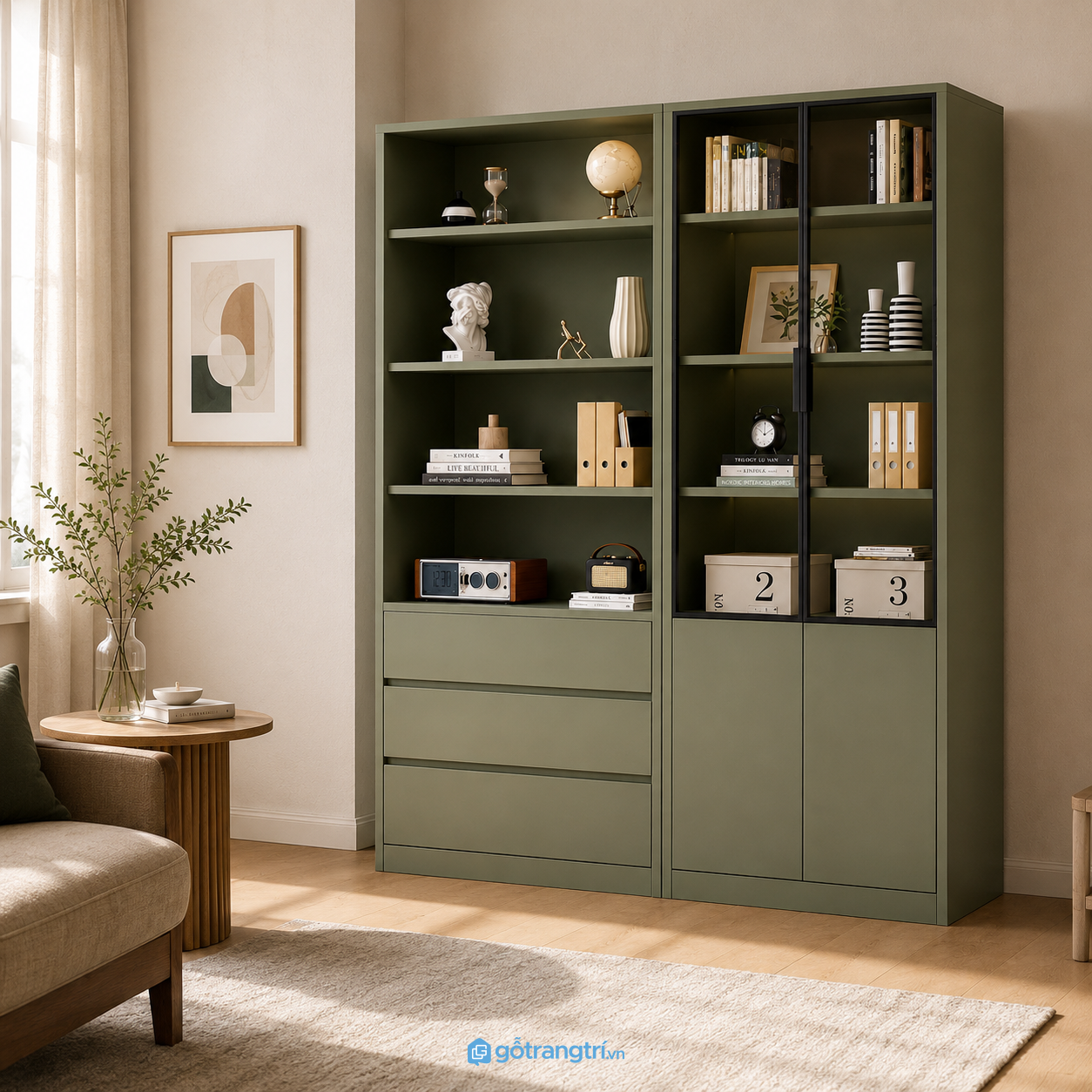 Chi tiết thiết kế Tủ sách xanh olive cửa kính hiện đại GHS-2007 Chi tiết thiết kế Tủ sách xanh olive cửa kính hiện đại GHS-2007