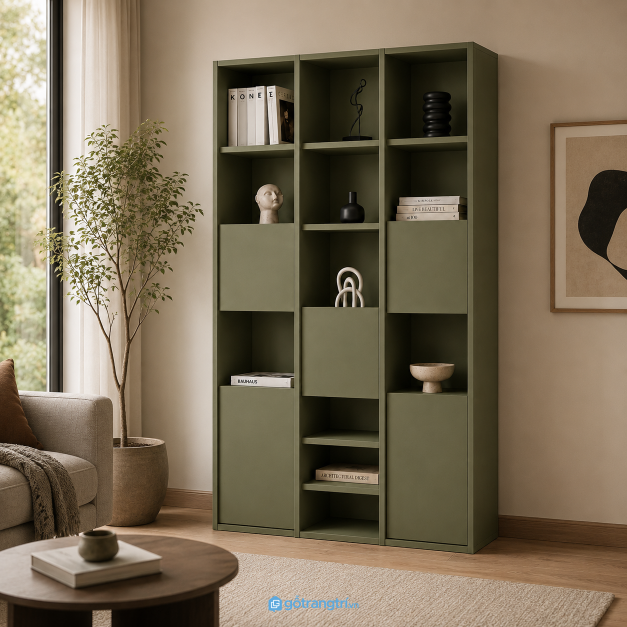 Chi tiết thiết kế Tủ sách xanh olive nhiều khoang hiện đại GHS-2008