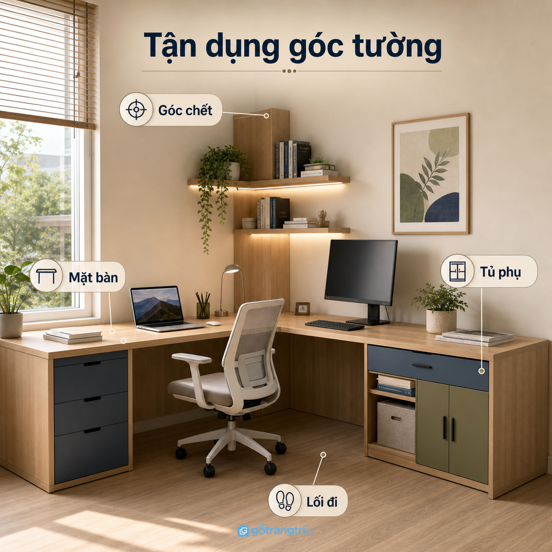 Bàn chữ L tận dụng góc tường và giữ khoảng trống trung tâm cho văn phòng nhỏ.