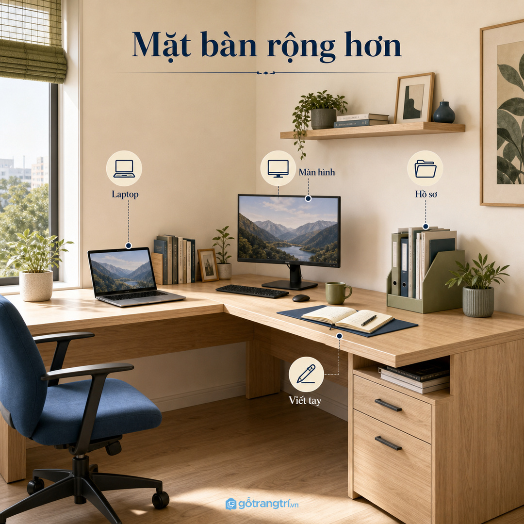 Mặt bàn phụ giúp đặt hồ sơ, màn hình và thiết bị mà bàn vẫn gọn.