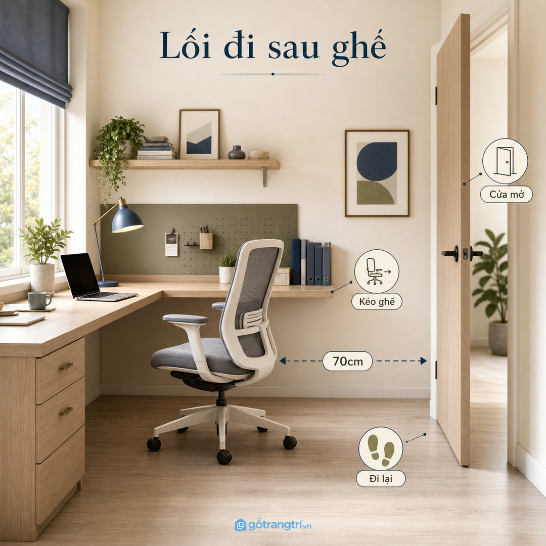 Khoảng lối đi sau ghế cần được tính trước khi chốt kích thước bàn.