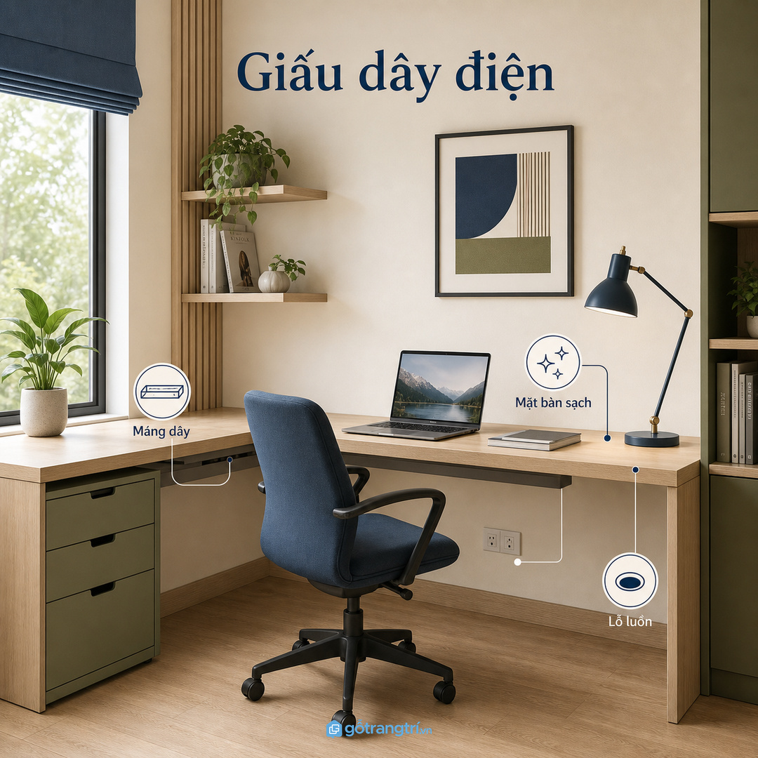 Máng dây và ổ cắm gọn giúp mặt bàn chữ L sạch hơn khi dùng lâu.