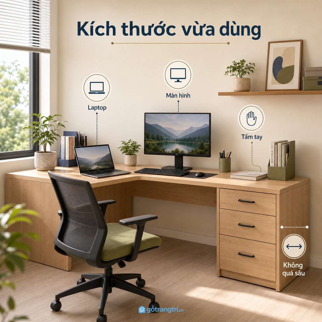 Kích thước bàn nên theo laptop, màn hình và tầm tay người dùng.