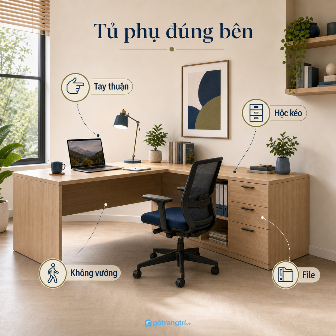 Tủ phụ đúng bên giúp lấy hồ sơ nhanh mà không vướng ghế.
