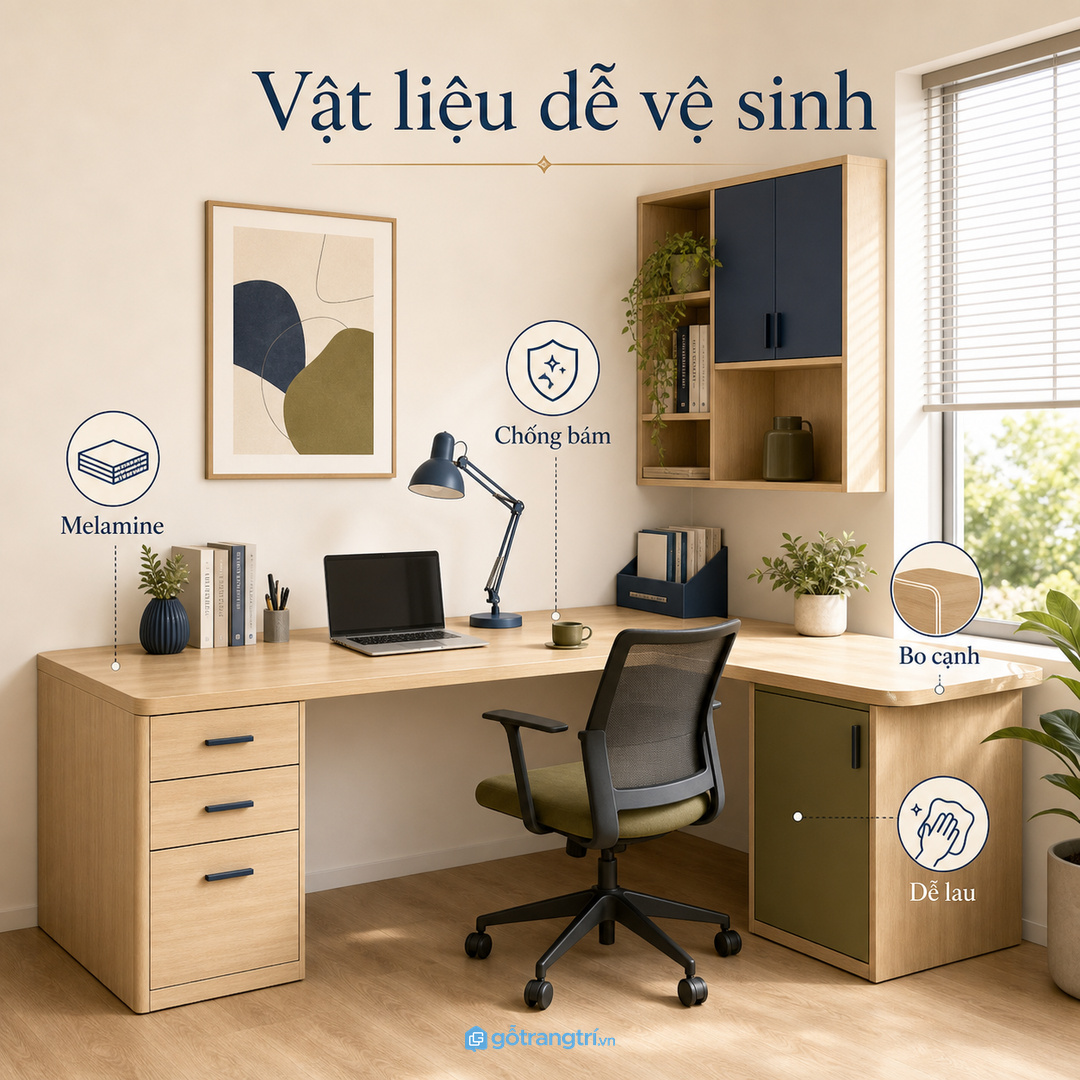 Vật liệu dễ vệ sinh và cạnh bàn hoàn thiện kỹ giúp bàn bền hơn.
