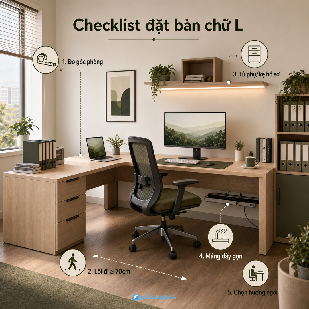 Checklist trước khi đặt làm bàn chữ L cần có kích thước, ổ điện, tủ phụ và lối đi.