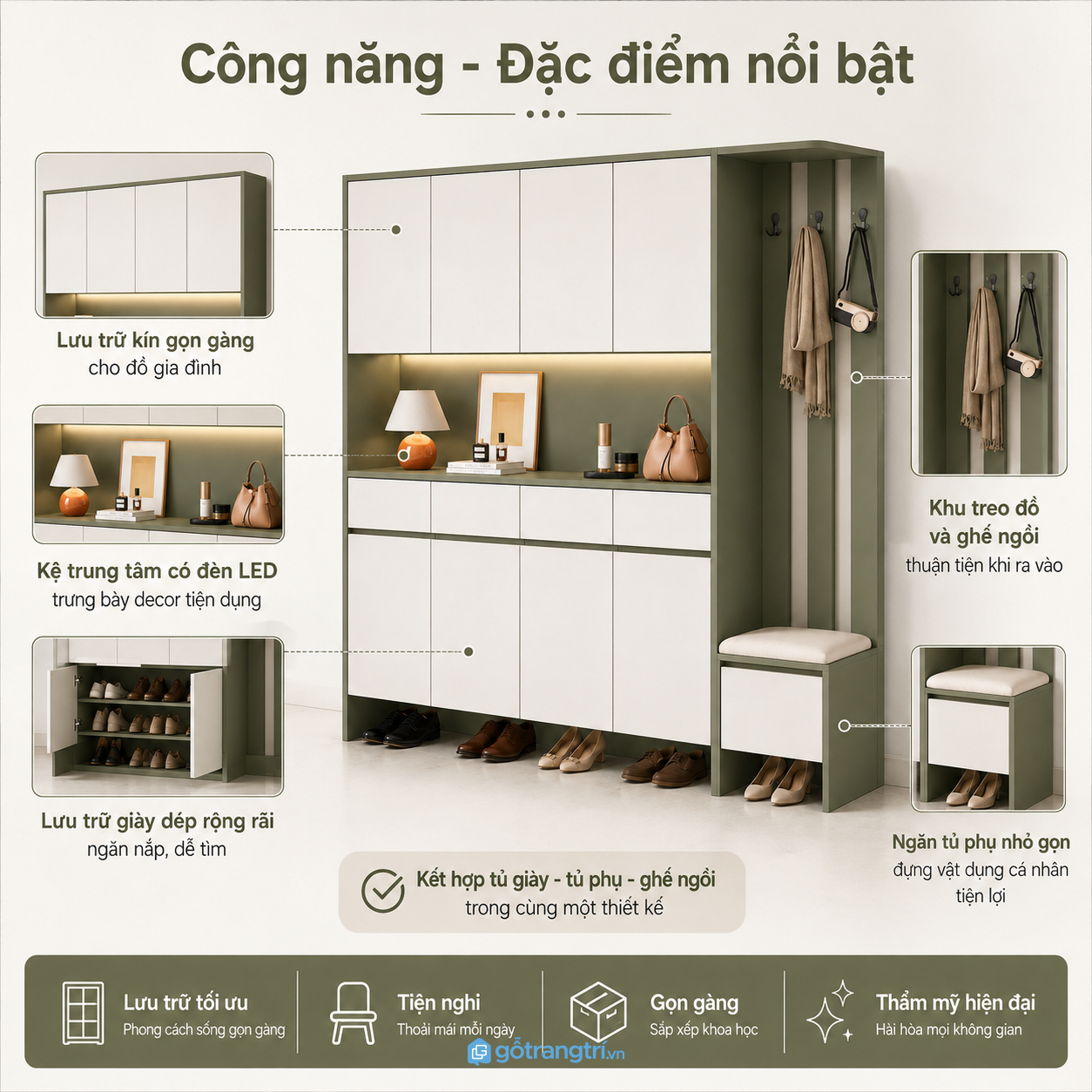 Công năng lưu trữ đa dạng cho giày dép và đồ cá nhân